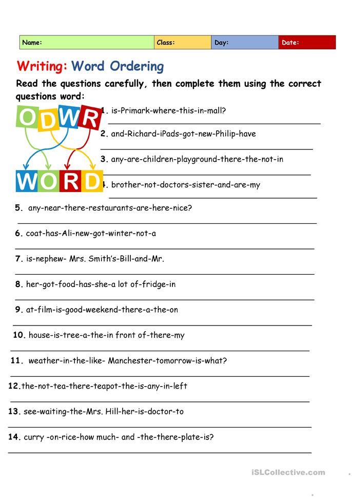 the worksheet for writing word order