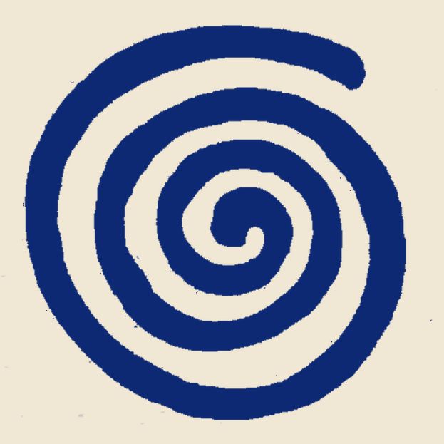 a blue and white spiral design on a cream colored background with the letter g in the center