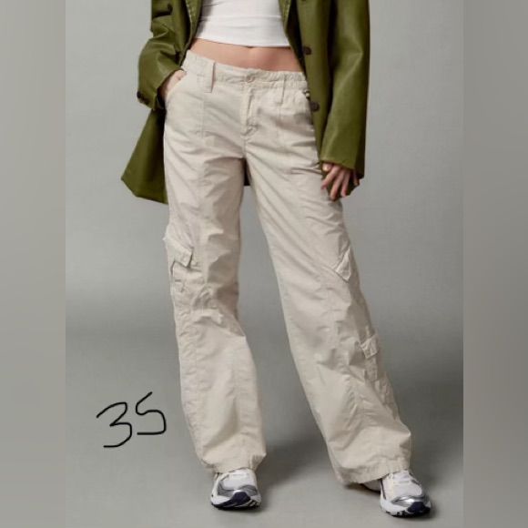 Beige, Xs, Never Worn Fitted Mid-rise Cargo Pants For Spring, Fitted 90s Style Cargo Pants For Streetwear, Casual High Waist Fitted Parachute Pants, 90s Style Parachute Trousers For Spring, Casual Fitted High Waist Parachute Pants, Fitted Y2k Cargo Style Bottoms, 90s Style Fitted Cargo Pants For Streetwear, White Fitted Casual Cargo Pants, 90s Style Full Length Cargo Pants For Spring