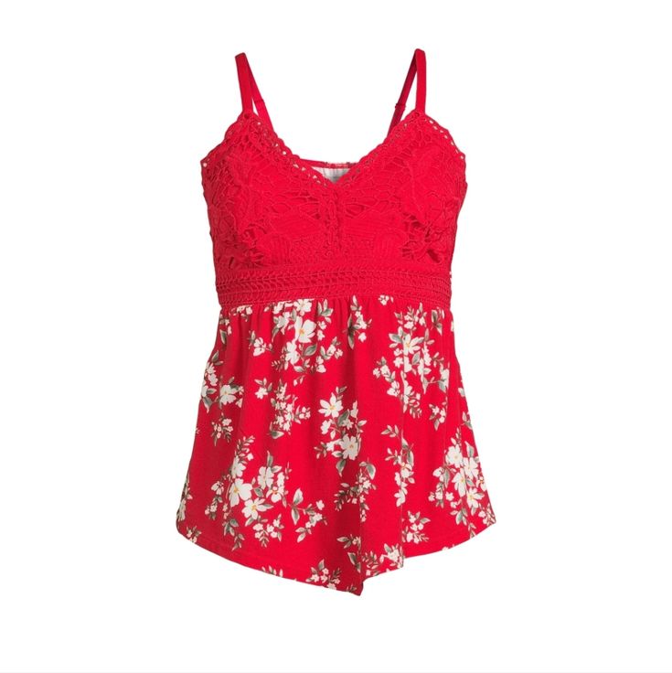 No Boundaries Juniors Crochet Hanky Hem Babydoll Top, Sizes Xs-L Red Fitted Crochet Lace Top, Red Lace Trim Sleeveless Camisole, Red Fitted Lace Camisole, Fitted Lace Red Camisole, Red V-neck Top With Lace Trim, Fitted Red Camisole With Lace Trim, Red Floral Print Cami Top, Red Lace Tops For Summer, Red Lace Trim Camisole For Summer