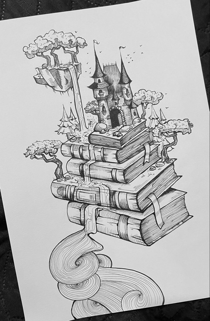 a black and white drawing of a stack of books with a castle on top