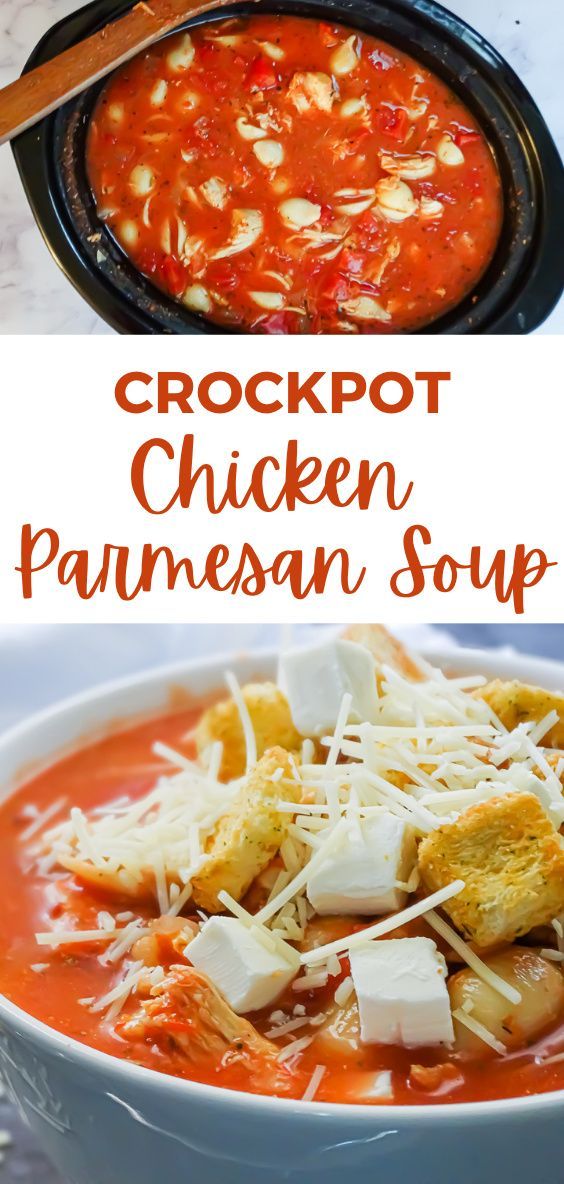 crockpot chicken parmesan soup in a white bowl