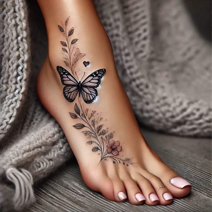 a woman's foot with a butterfly and flowers tattoo on the top of it