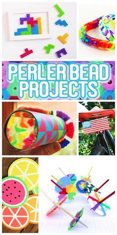 the cover of perler bead projects is shown with pictures of different items and colors