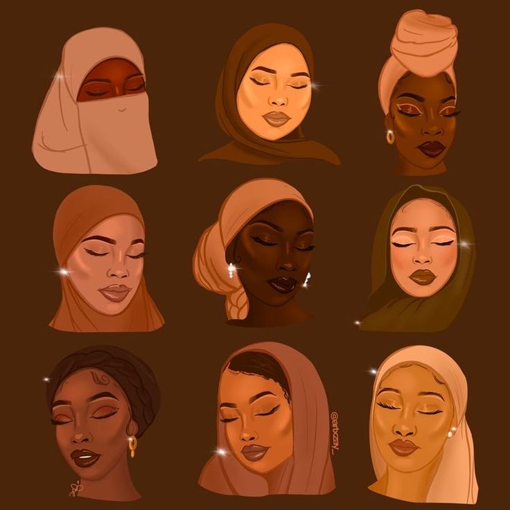 six different women with their eyes closed and wearing headscarves, all in various styles