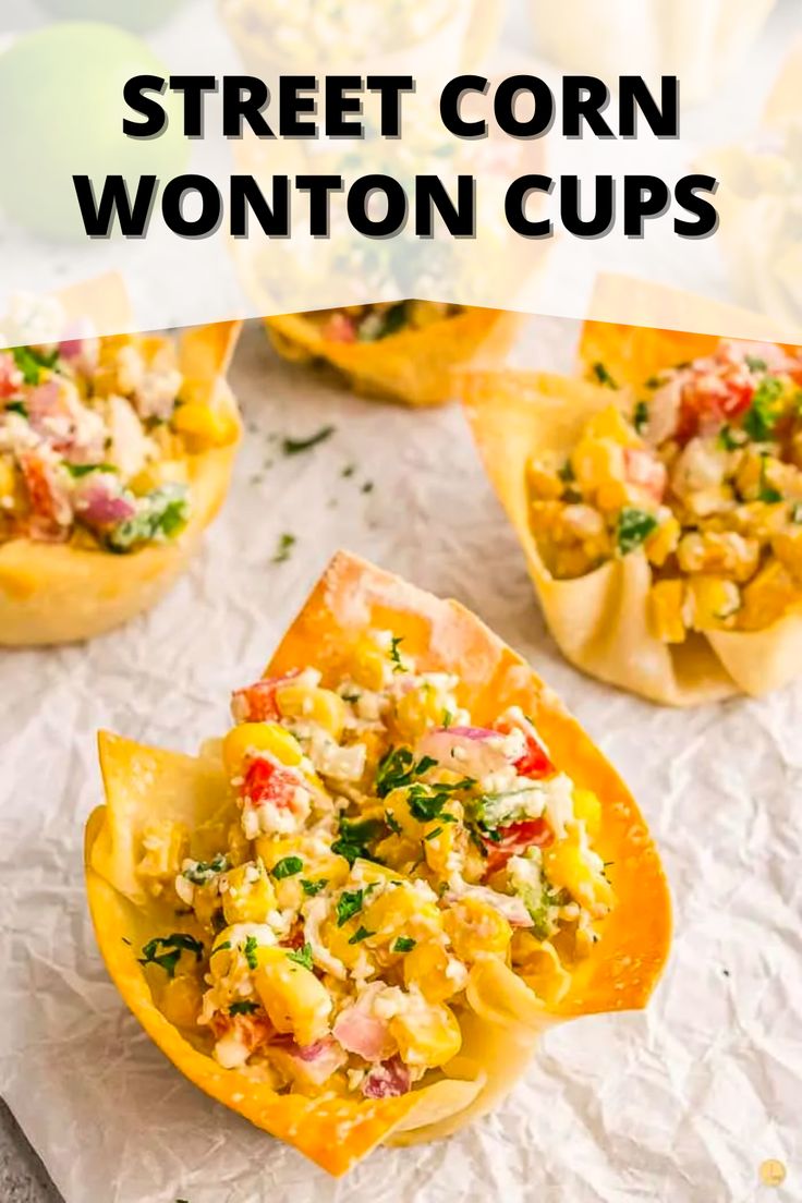 stuffed corn wonton cups with text overlay