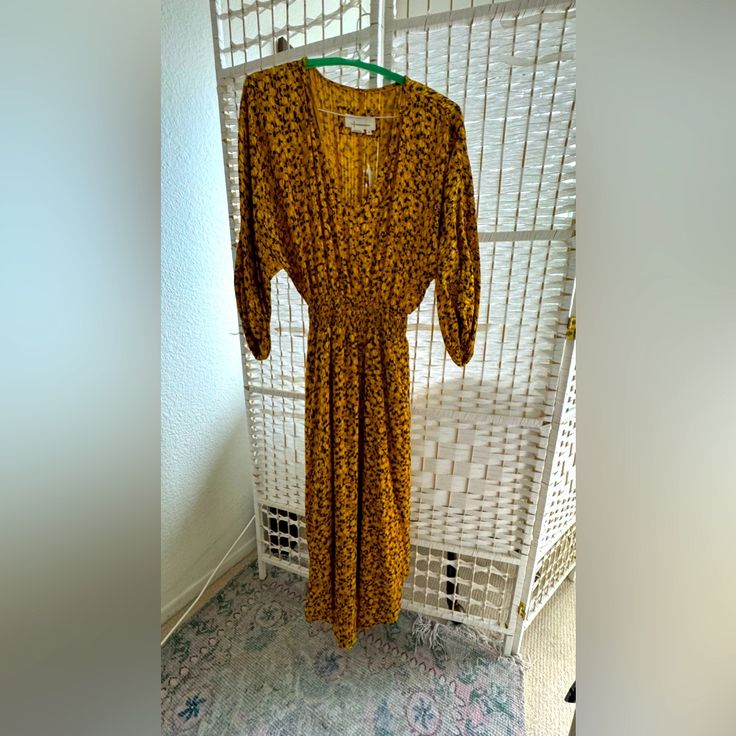 Brand New Dress, With A 70s Flare. Would Look Great With Sluggish Boots! Yellow Fall Party Maxi Dress, Casual Yellow Midi Dress For Date Night, Casual Gold Dress For Fall, Retro Yellow Maxi Dress For Spring, Yellow Retro Maxi Dress For Spring, Casual Yellow Maxi Dress For Date Night, Yellow Long Sleeve Midi Dress For Brunch, Yellow V-neck Maxi Dress For Date Night, Casual Gold Midi Dress