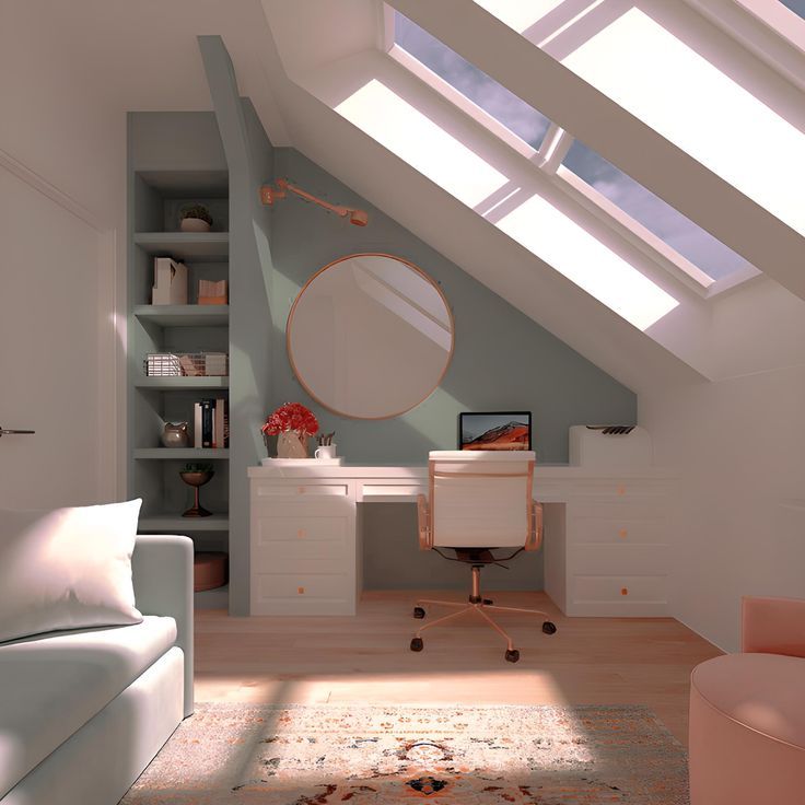 a room with a couch, chair and desk under a slanted skylight in the corner