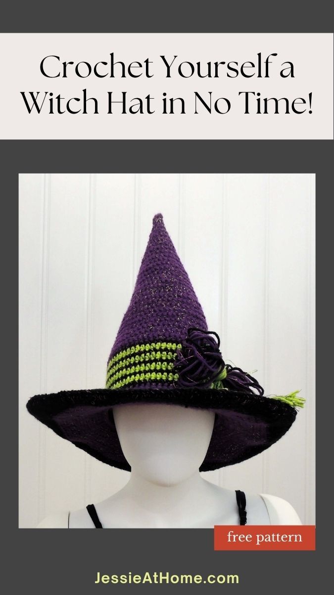 a purple and green witches hat with the words crochet yourself witch hat in no time