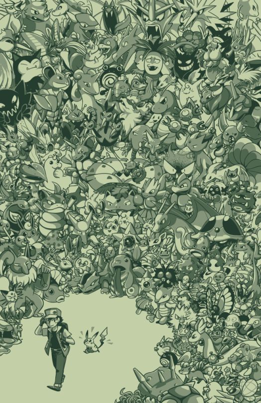 a large group of cartoon characters are in the middle of an image with green background