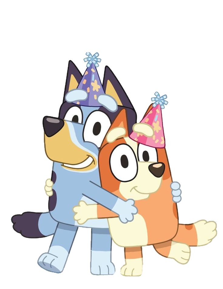 two cartoon dogs hugging each other with balloons in the sky behind them and bluey written on it