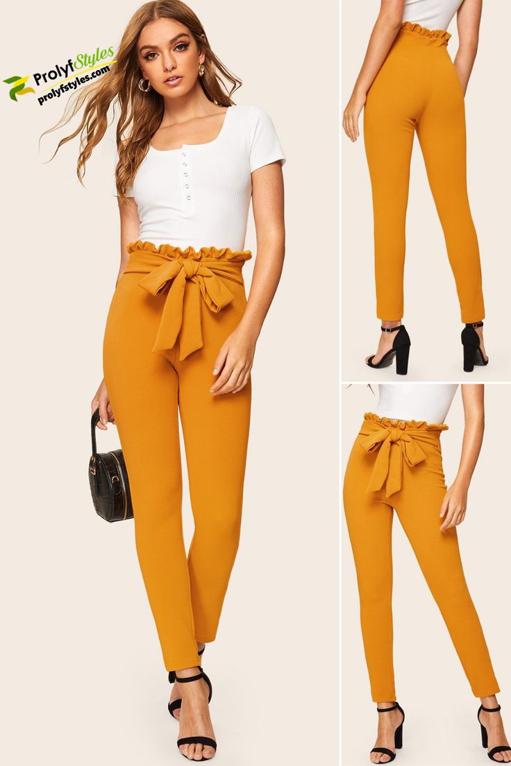 Flatter your assets while staying comfortable in these high waist pants. Lend edge to casual styles with these women's slim fit pants that are classy and flexible. It is also a fabulous work pants, giving option to create many outfits with it. #pants #workclothes #workchic #workcasual #workpants #dressypants #casualpants #workstyle #slimfitpants High-waisted Pants With Belt Loops For Day Out, Day Out High-waisted Pants With Belt Loops, Trendy Pants With Belt Loops For Day Out, Elegant High Waist Pants For Brunch, Belted High-waisted Pants For Spring, Spring High-waisted Belted Pants, Trendy Bottoms For Fall Brunch, Casual Fitted Pants With Paperbag Waist, Chic Paperbag Waist Bottoms For Day Out