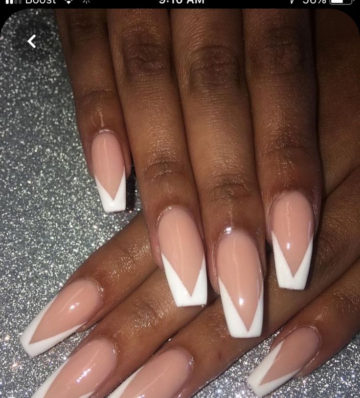 Deep V Cut French Tip Nails, V French Tip Nails Coffin, Deep V French Tip Nails, V Shape French Tip Nails, Angled French Tip, V Shaped French Tip Nails, French Tip Coffin Acrylic Nails, Triangle French Tip Nails, Diagonal Nails