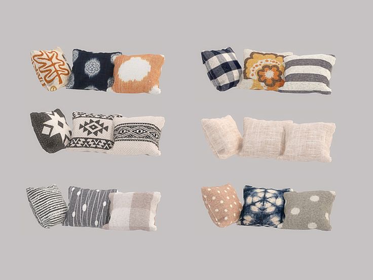 six pillows arranged in different patterns on a gray background