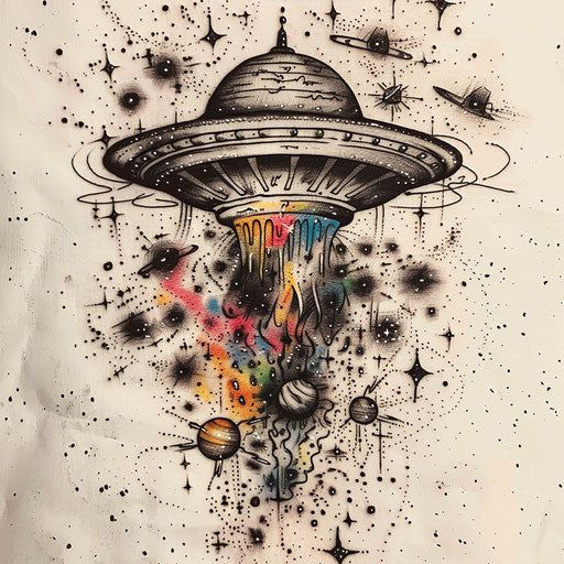 Ufo Tattoo Blueprint Set Skeleton Space Tattoo, Alien Tattoos For Women, Tattoo Design Drawings Color, Trippy Space Tattoo, Space Sleeve Tattoo Women, Nature Shoulder Tattoos For Women, Space Tattoo Stencil, Space Art Tattoo, Tattoo Designs With Color