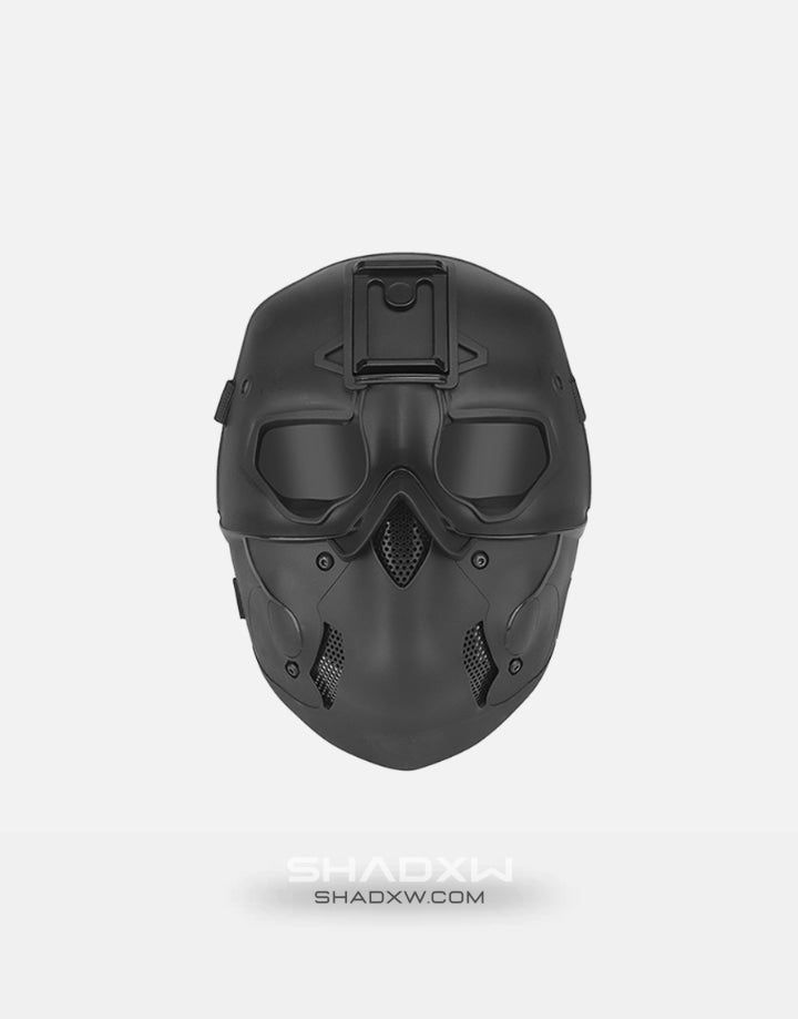 Face mask design: Techwear, warcore Material: PVC, nylon Size: One size Dimension: 23.5*18.5cm Features: Night vision adapter base, breathable cloth, sponge cushions, lenses to protect eyes Black head gear included Weight: 460g Free shipping Black warcore mask with headgear The Warcore Mask is a protective gear inspired by military personnel and extreme sport enthusiasts alike. Designed with the latest in advanced technology, the Warcore Mask offers superior protection against any potential thre Futuristic Black Masks And Prosthetics For Streetwear, Wear-resistant Black Protective Gear For Outdoor, Cyberpunk Helmet Mask For Protection, Futuristic Black Helmet Mask, Futuristic Black Helmet Mask And Prosthetics, Warcore Mask, Black Helmet Shaped Mask For Protection, Black Helmet-shaped Masks And Prosthetics For Protection, Functional Black Protective Gear For Sports