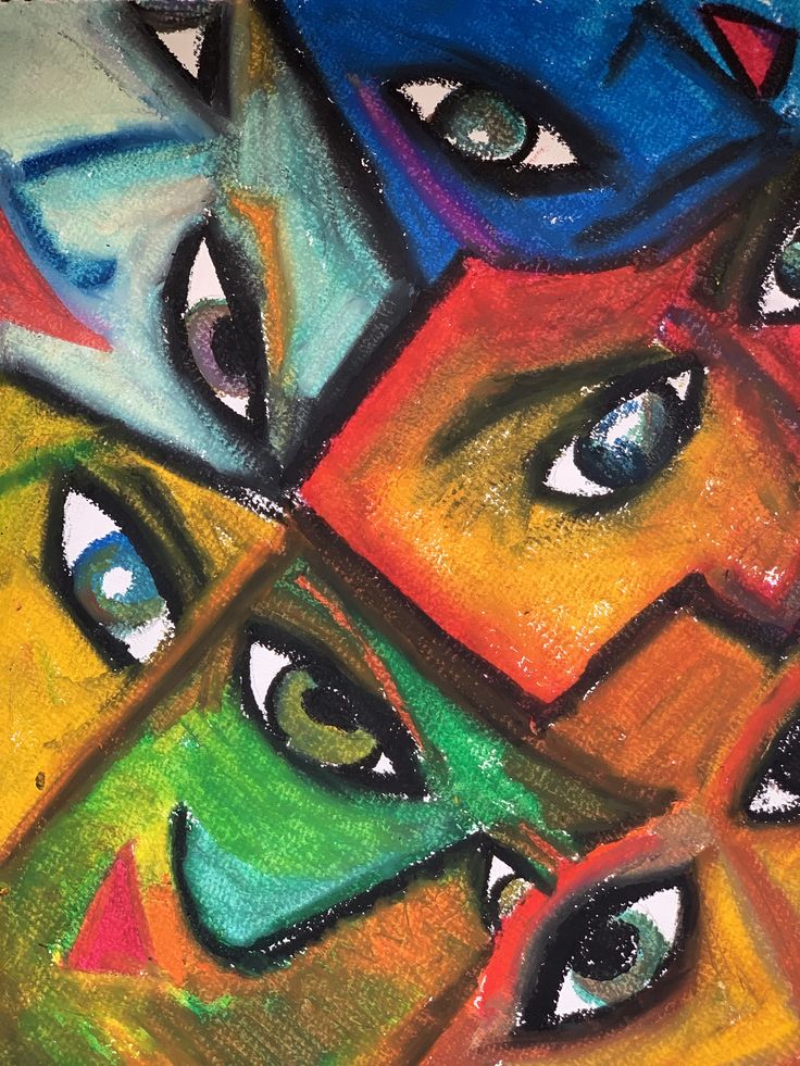 an artistic painting with many different colored eyes