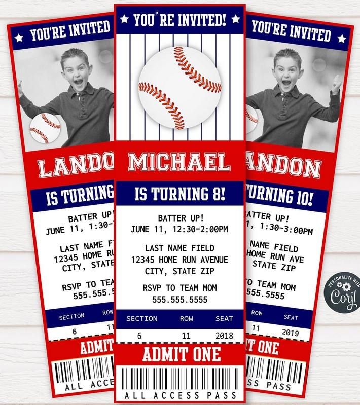 two baseball ticket style birthday party cards