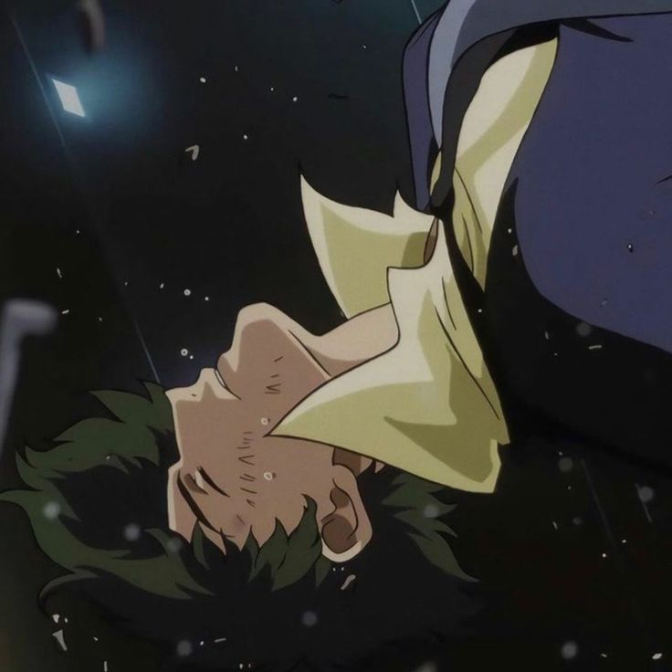 an anime character laying on the ground with his head down and eyes closed, staring at something in the distance