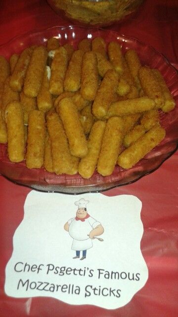 there is a platter of fried food on the table next to a sign that says chef poggett's famous mozzarella sticks