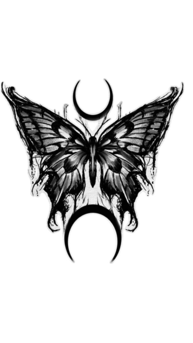 a black and white drawing of a butterfly with crescent moon on it's wings