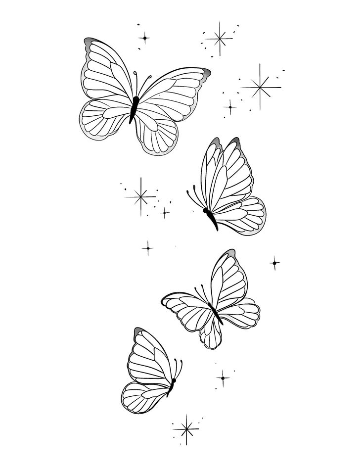 three butterflies flying in the sky with stars