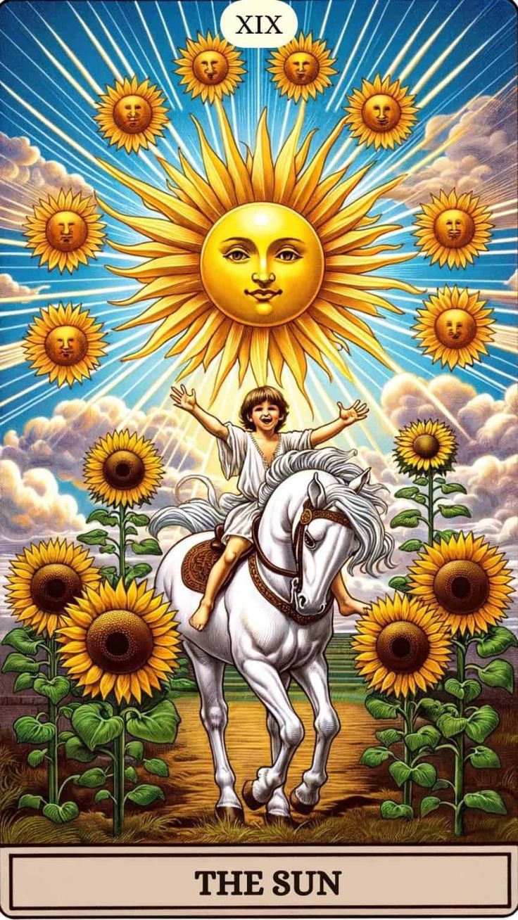 the sun tarot card with a woman riding on a horse in front of some sunflowers