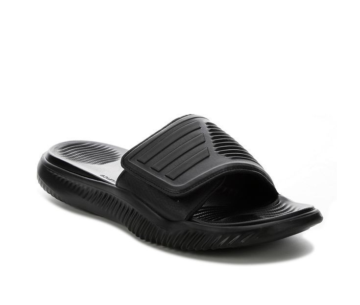 Textured synthetic band upper with padded fabric lining, Easy slip-on entry with adjustable Velcro closure for a custom fit, Open round toe, Cushioned foam Bounce footbed, Sculpted foam midsole and traction outsole, adidas® branding details including iconic three stripes | Men's Adidas AlphaBounce Slide 2.0 Sport Slides Sandals in Black Size 10 Medium Adidas Slides With Branded Insole, Adidas Slip-on Slides, Comfortable Adidas Slip-on Slides, Adidas Synthetic Slides For Swimming, Adidas Synthetic Slip-on Slides, Adidas Slip-resistant Slip-on Slides, Comfortable Adidas Slides With Synthetic Material, Fade-resistant Black Slides, Adidas Sporty Synthetic Slides