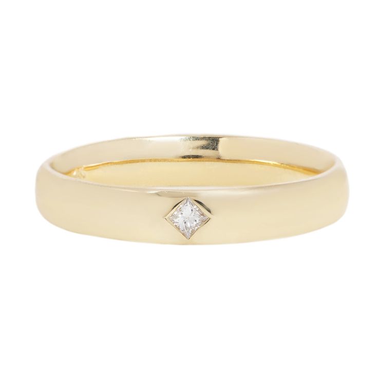 A geometric flush-set reclaimed diamond floats amid a shiny sea of 14k gold with this minimal yet majestic ring by WWAKE. The classic half-round gold band is made from ethically-sourced, fair mined gold from Peru. Stones: .04ct Reclaimed White Princess Cut DiamondMetal: Fair-mined 14k Yellow GoldMeasurements: Stone length: 3mm, Band height: 1.7mm, Band width: 3.5mm Shipping and Delivery: IN STOCK items will ship within 2 business days Sizes not In Stock will be MADE TO ORDER Please allow 4-5 wee Minimalist Signet Ring With Single Cut Diamonds, Minimalist Formal Signet Ring With Single Diamond, Minimalist Single Diamond Princess Cut Ring, Minimalist Princess Cut Single Diamond Ring, Luxury 14k Gold Diamond Ring With Smooth Bezel, Minimalist 14k Gold Princess Cut Wedding Rings, 14k Gold Princess Cut Diamond Ring, 14k Gold Princess Cut Diamond Ring With Single Diamond, Modern 14k Gold Diamond Ring With Smooth Bezel