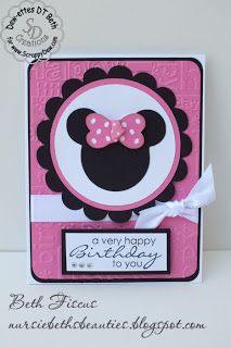 a pink and black card with a minnie mouse on it's face, saying happy birthday to you