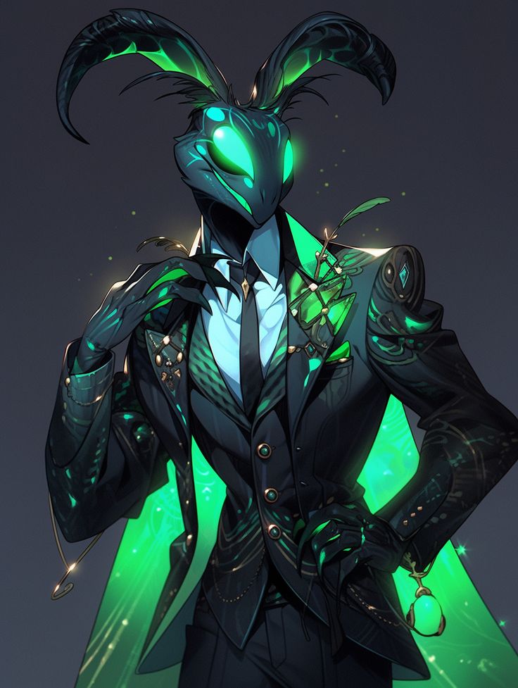 an alien in a suit and tie holding his hands on his hips with glowing green lights behind him