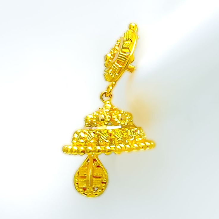 These Tasteful Paisley Jhumki earrings, crafted in 22k yellow gold with a weight of 8.8 grams, feature an elegant hanging style and are 1.3 inches in length. Secured with screw-back posts, they exude a blend of traditional charm and modern elegance. Ideal for those who appreciate classic designs with a contemporary twist, these earrings add a sophisticated and cultural touch to any attire, perfect for various occasions. Product Details Gold Purity(karat): 22k Gold Weight(grams): 8.8 Item Finish: 22k Yellow Gold Dangle Bridal Earrings, Temple Jewelry Style Dangle Jhumkas For Formal Occasions, Temple Jewelry Style Formal Dangle Jhumkas, Formal Temple Jewelry Dangle Jhumkas, Formal Temple Jewelry Style Dangle Jhumkas, Traditional Gold Plated Jhumkas For Puja, 22k Yellow Gold Chandbalis For Diwali, Gold-plated Temple Jewelry Jhumkas, Yellow Gold Drop Earrings Jhumkas