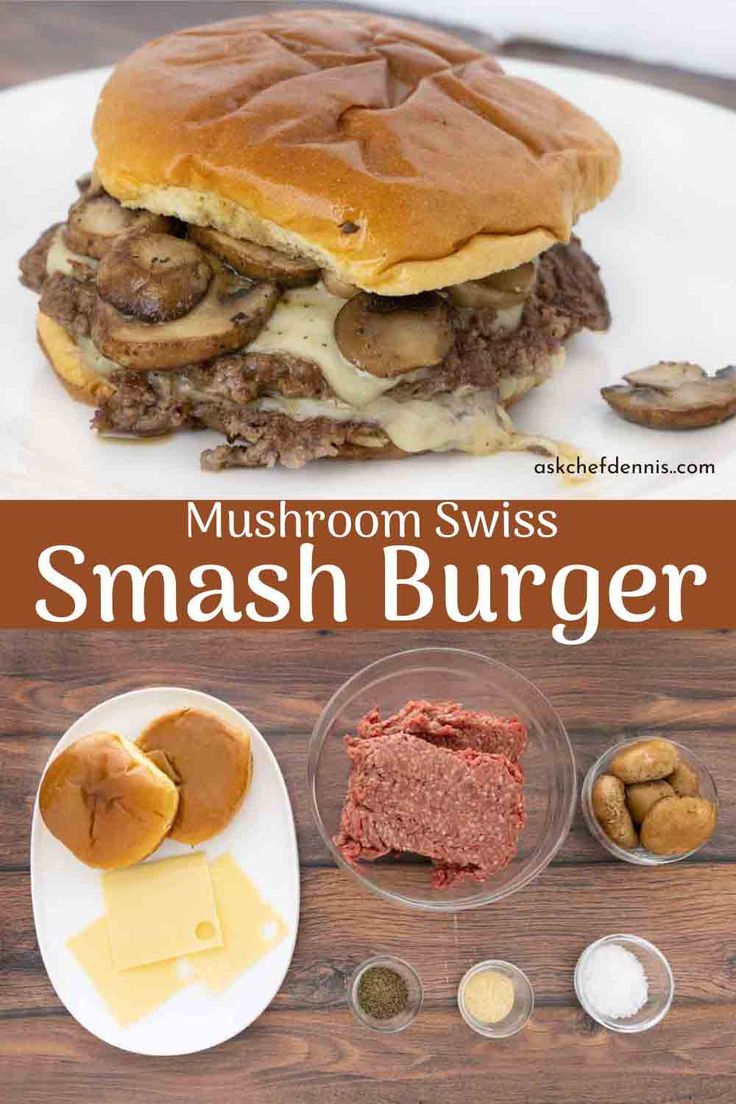 mushroom swiss smash burger on a white plate