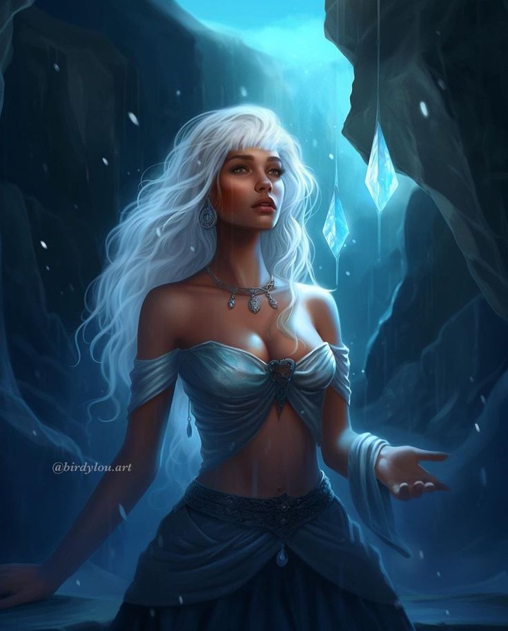 a woman with long white hair standing in front of an ice cave and holding her hands out