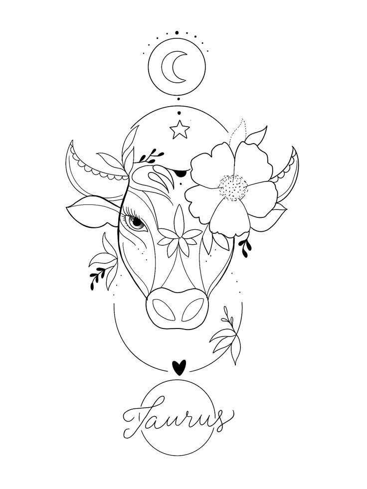 a cow with flowers on it's head and the word taurus written in cursive writing