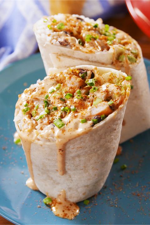 old bay shrimp burritos on a blue plate