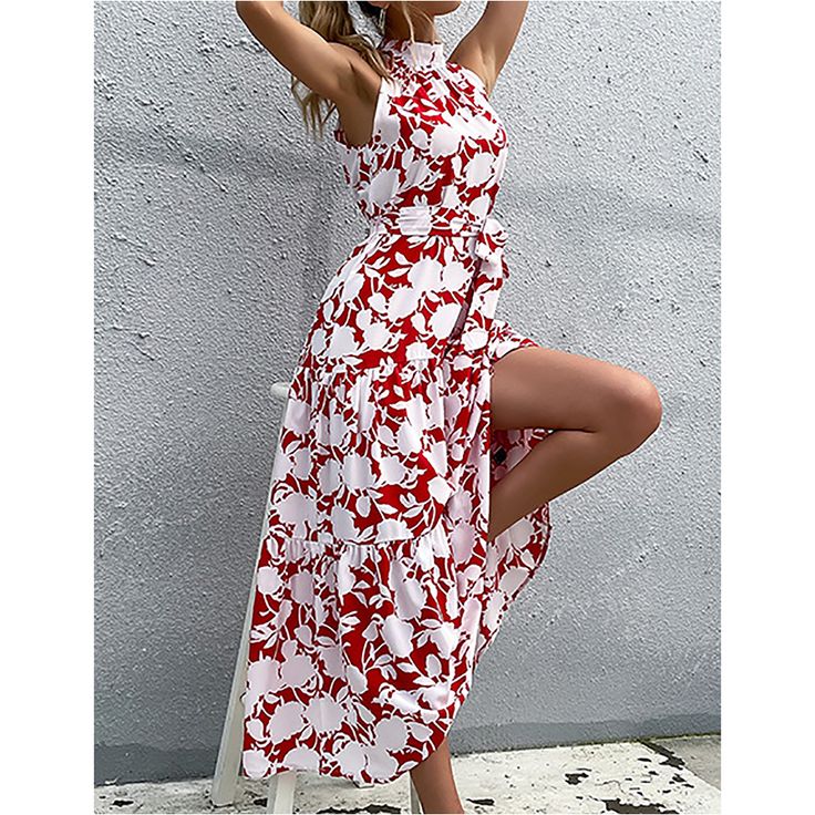 Red Floral Print Halter Maxi Dress Red Halter Neck Maxi Dress For Spring, Red Halter Neck Midi Dress For Summer, Red Halter Neck Maxi Dress For Vacation, Red Flowy Midi Dress For Summer, Red Halter Neck Dress For Summer, Sleeveless Red Maxi Dress For A Day Out, Red Maxi Dress For Spring Day Out, Red Sundress Maxi Dress For Spring, Red Halter Neck Vacation Dress