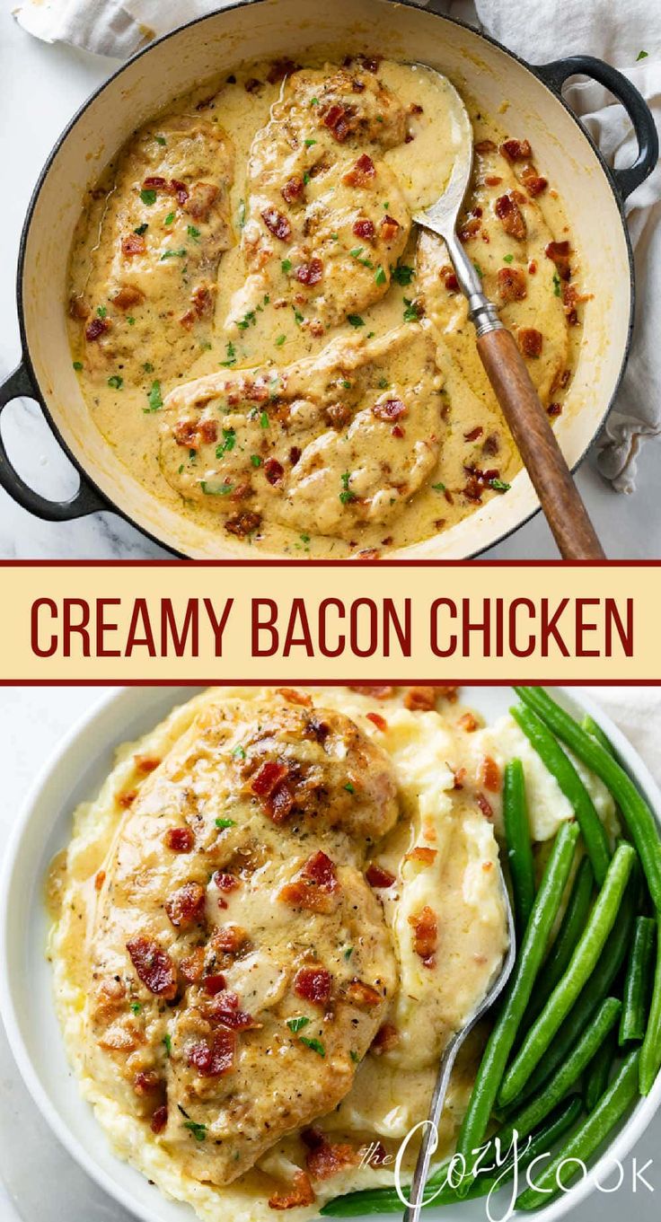 creamy bacon chicken in a skillet with green beans and mashed potatoes