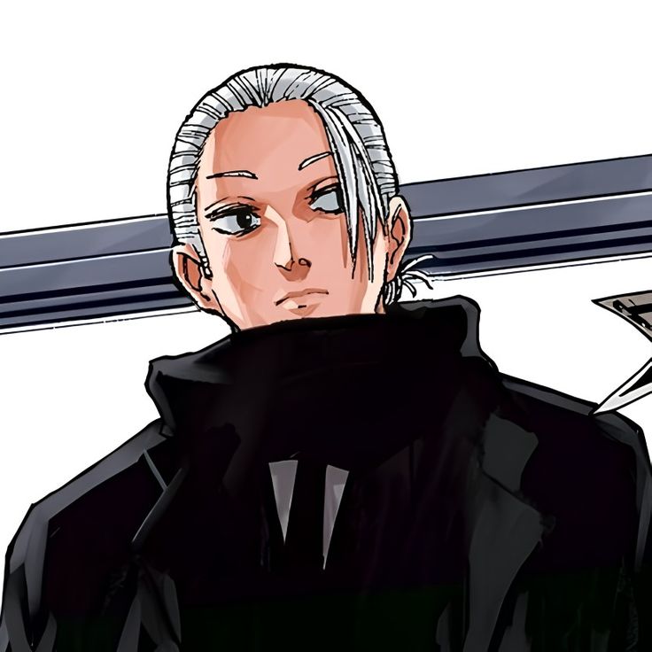 an anime character with white hair and black clothes holding two swords in his hands, looking at the camera