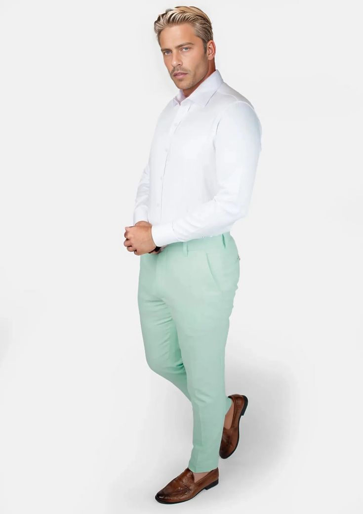 Wow the crowd in the Mint Green Linen Pants! Custom made from a breathable linen cotton blend, the pastel mint green will have you turning heads at any event! Step up your style game with these unique and classy pants. You can't go wrong! Fitted Green Chinos, Fitted Pastel Bottoms For Spring, Fitted Green Chinos For Spring, Green Straight Dress Pants For Summer, Fitted Green Cotton Dress Pants, Green Fitted Cotton Dress Pants, Green Cotton Dress Pants For Spring, Spring Green Cotton Dress Pants, Green Formal Pants For Summer