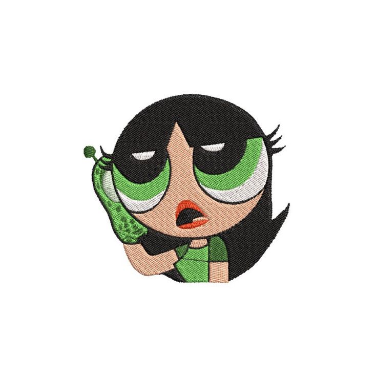 a cartoon character with green eyes and black hair holding a cell phone in her hand