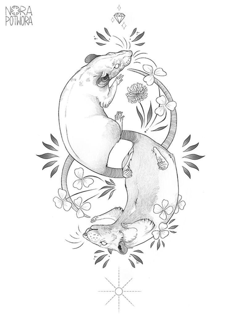 a drawing of two animals in the shape of an animal with flowers on it's back