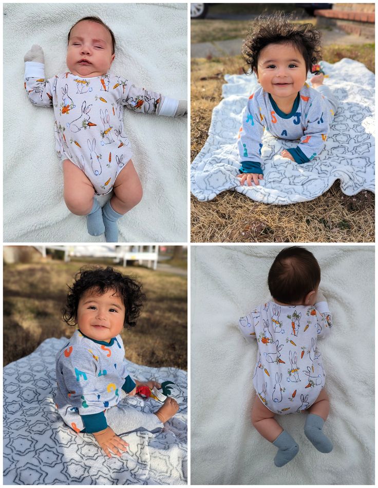 four different pictures of a baby laying on a blanket