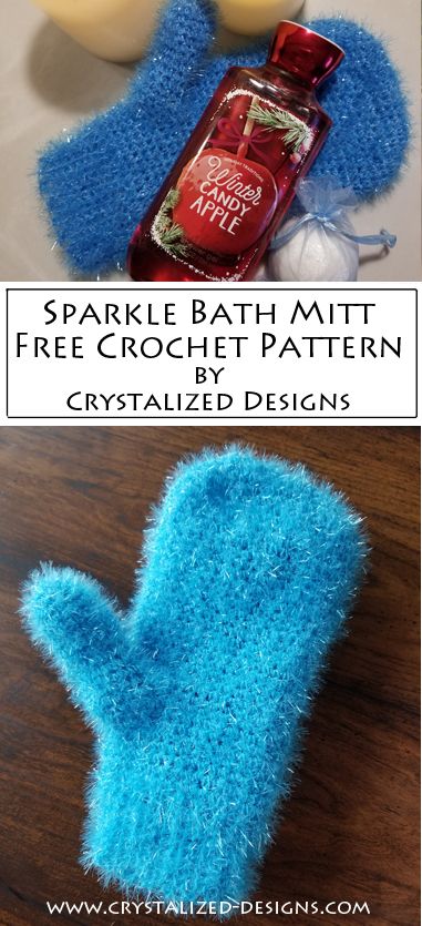 two pictures with the words sparkle bath mitt free crochet pattern and crystalized designs