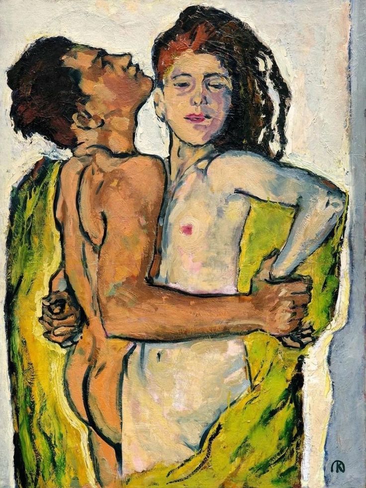 a painting of two people hugging each other on a white background with green and yellow colors