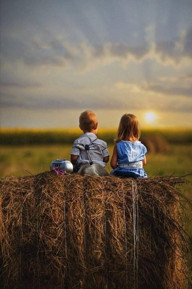 two children sitting on top of a hay bale