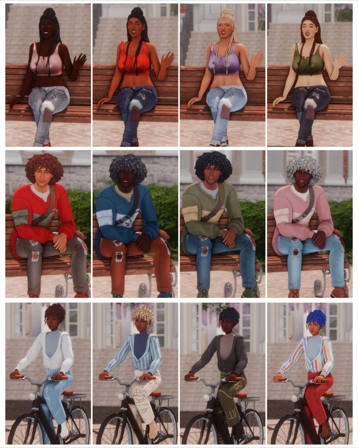 many different images of women sitting on a bench