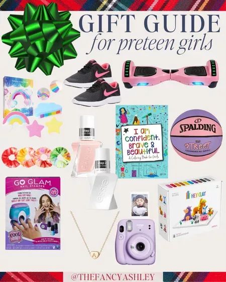 the gift guide for preteen girls is displayed in front of a plaid background