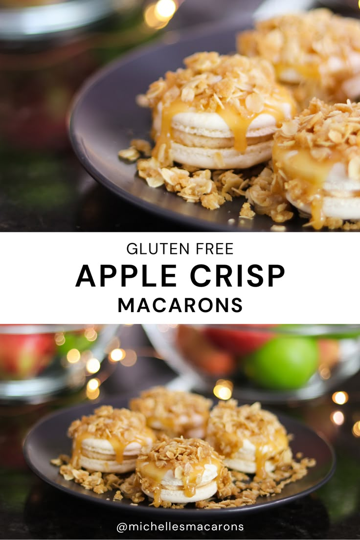 an image of apple crisp macarons on a plate with apples in the background