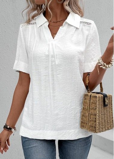 Color:White;Size:S;Size:M;Size:L;Size:XL;Size:XXL;Package Contents:1 X Blouse;Occasion:Other;Style:Casual; White Tops For Women Classy, Shirt Collar Blouse, Beach Bridesmaid Dresses, White Lace Shirt, White Lace Shorts, White Short Sleeve Shirt, Trendy Tops For Women, Plaid Outfits, Black Swimwear